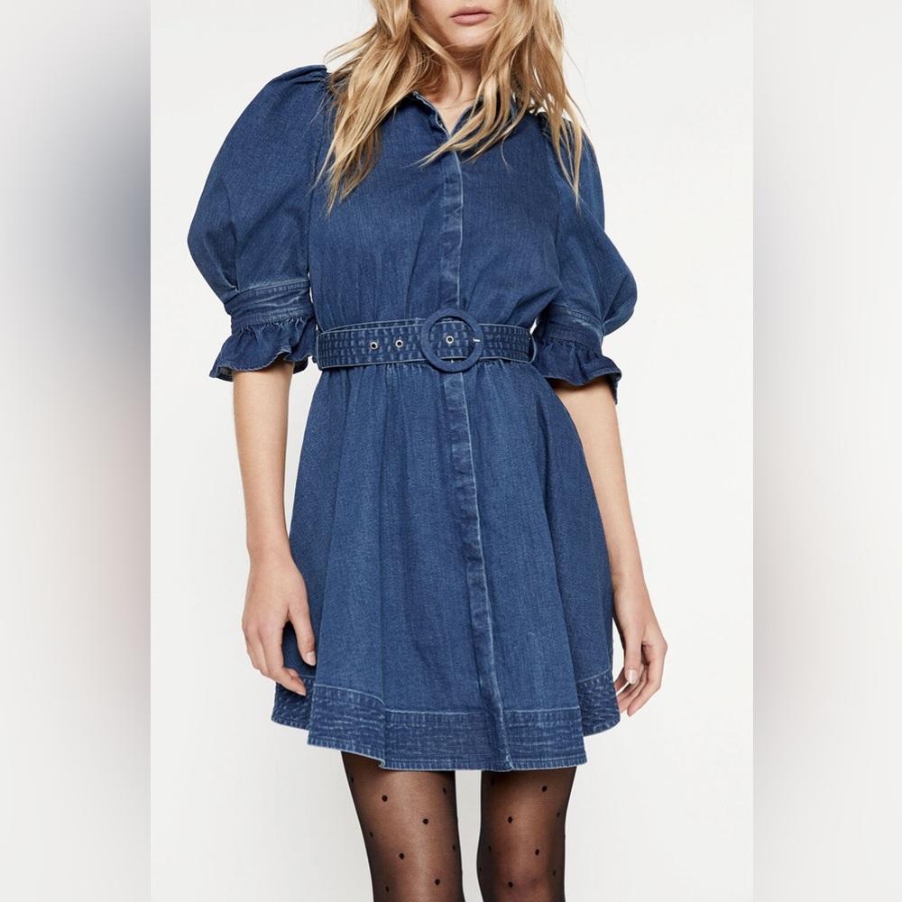 Bardot denim puff sleeve dress